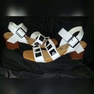 Women's Sugar Mable 2 Block Heel Sandals White Smooth Straps W/ Studs 8